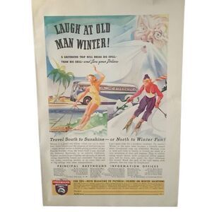 Vintage 1938 Greyhound Laugh at Old Man Winter Ad Advertisement